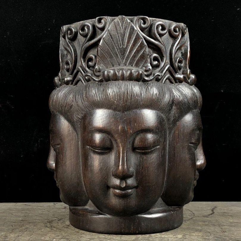 Vintage Asian Wood Carving Four-Faced Guanyin Buddha Head Statue In Fair Condition For Sale In 景德镇市, CN