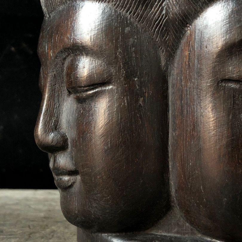 Vintage Asian Wood Carving Four-Faced Guanyin Buddha Head Statue For Sale 2