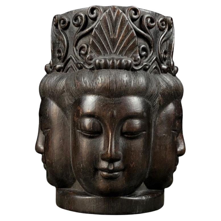 Vintage Asiático Talla de Madera Estatua de Buda Guanyin de Cuatro Caras