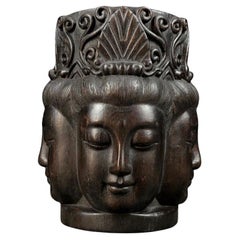Vintage Asian Wood Carving Four-Faced Guanyin Buddha Head Statue