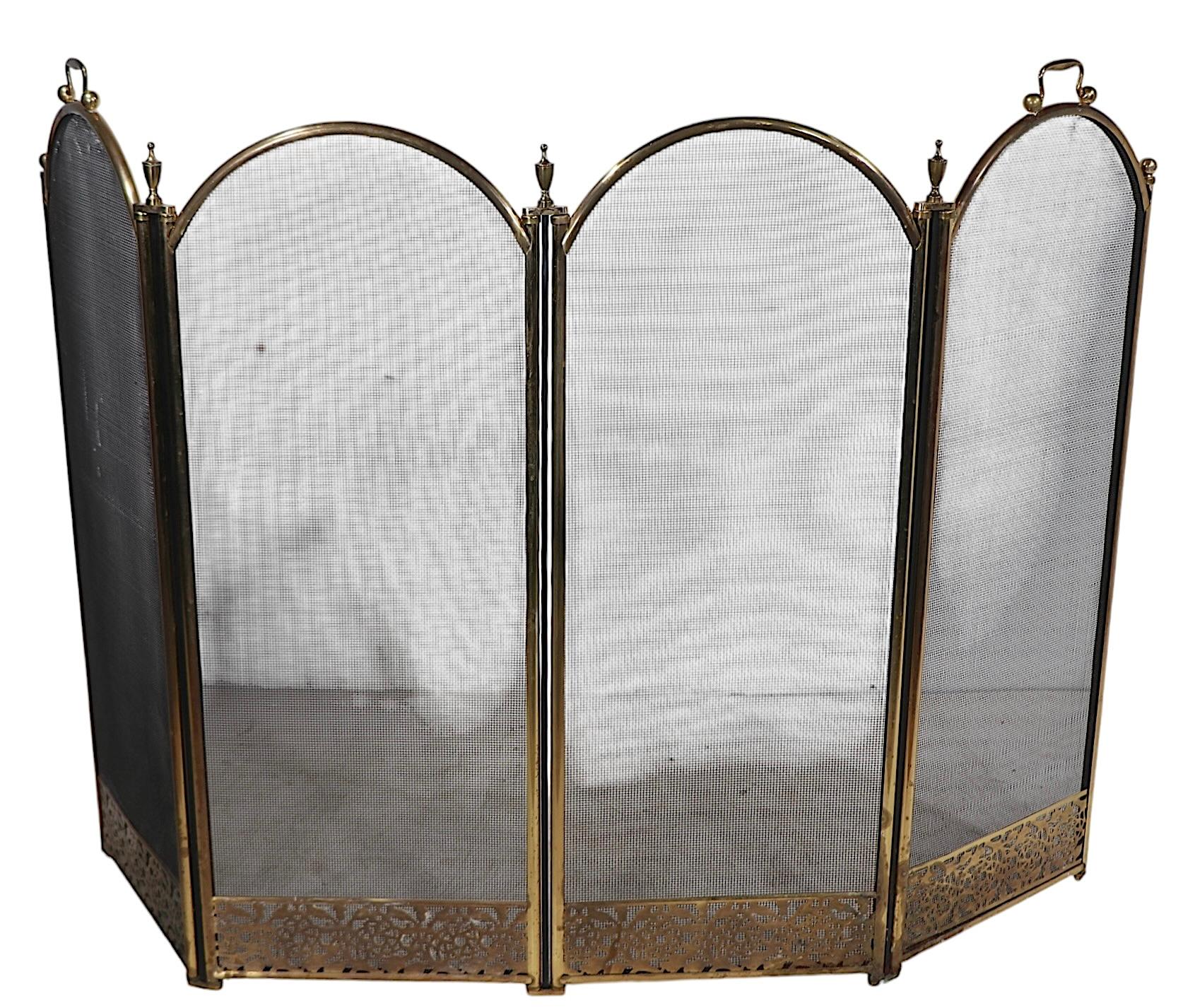 Vintage Four Fold Fireplace Screen Spark Guard with Arch Top Panels c 1970's 3