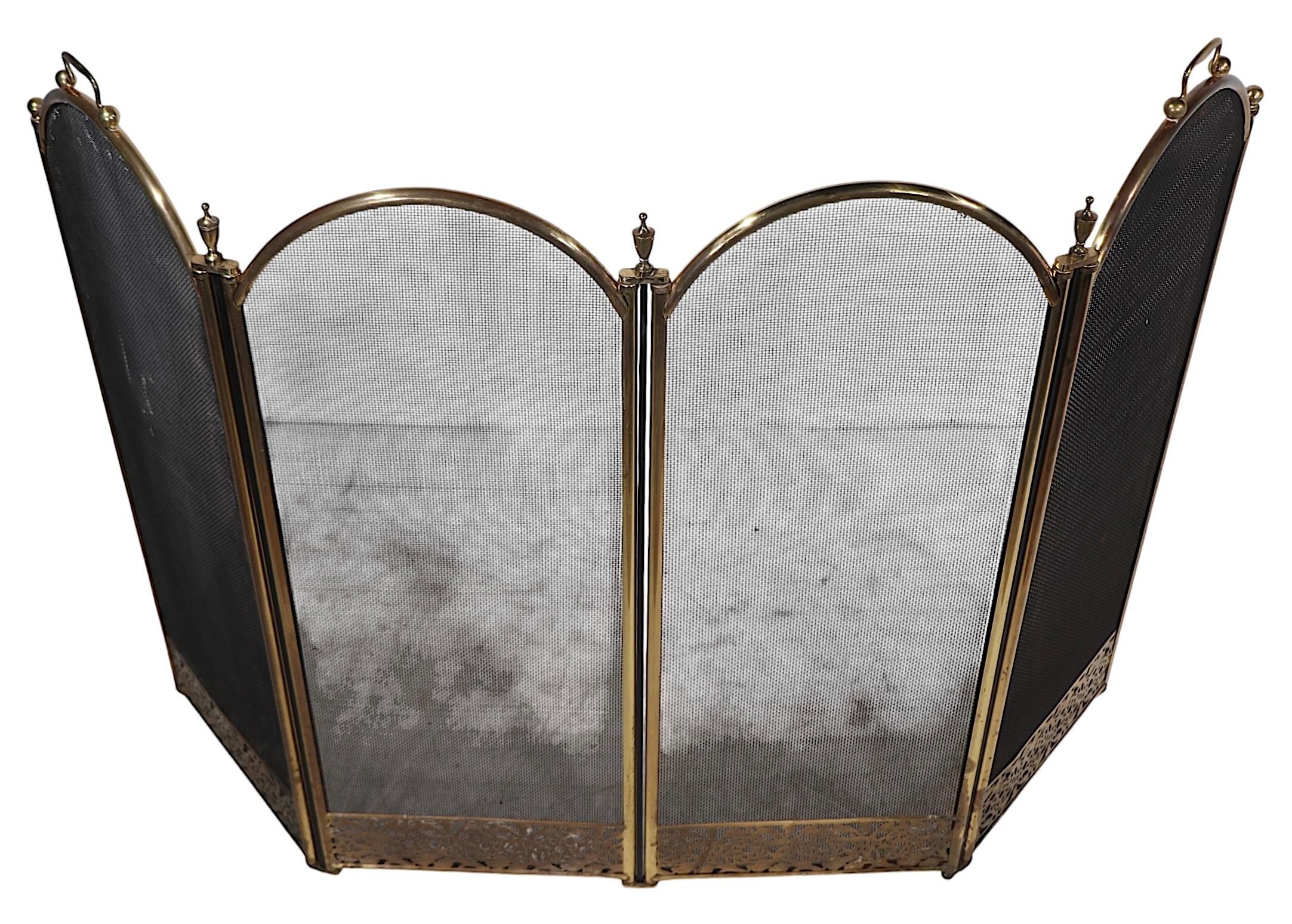 Vintage Four Fold Fireplace Screen Spark Guard with Arch Top Panels c 1970's 9