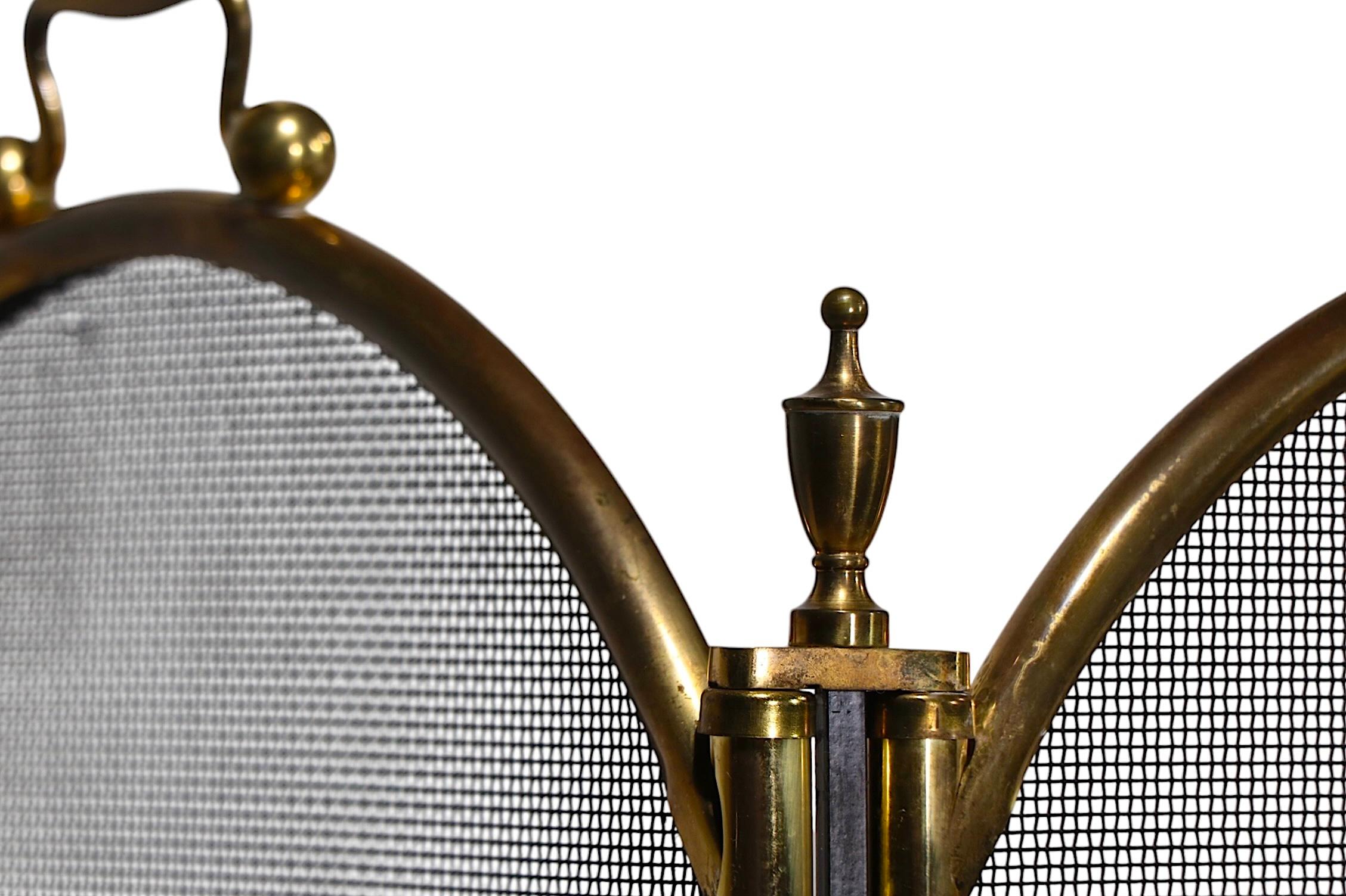 American Classical Vintage Four Fold Fireplace Screen Spark Guard with Arch Top Panels c 1970's