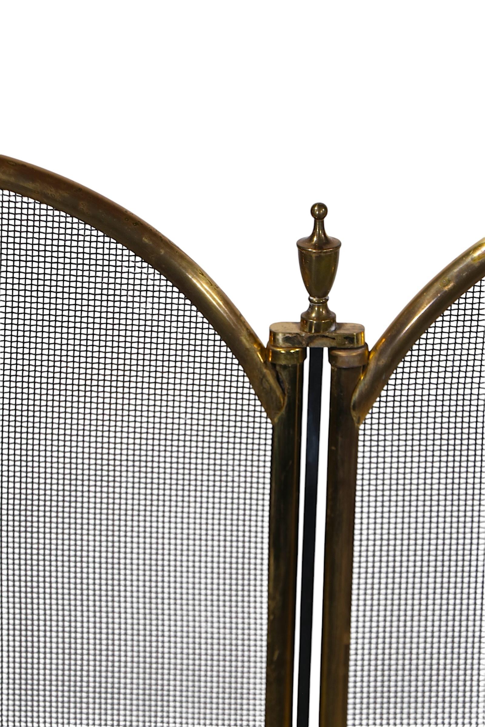 Metal Vintage Four Fold Fireplace Screen Spark Guard with Arch Top Panels c 1970's