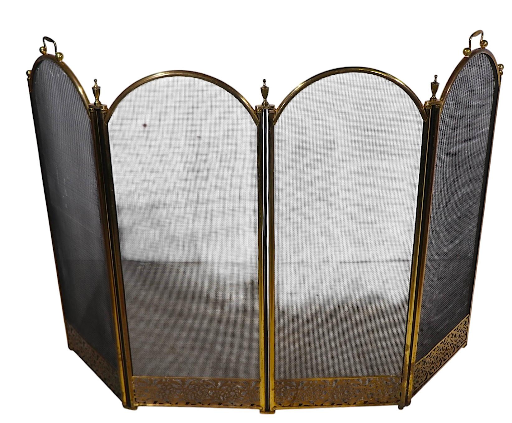 Vintage Four Fold Fireplace Screen Spark Guard with Arch Top Panels c 1970's 2