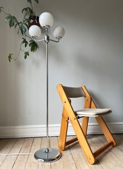 Four Opaline White Glass Globe Metal Floor Lamp, 1970s