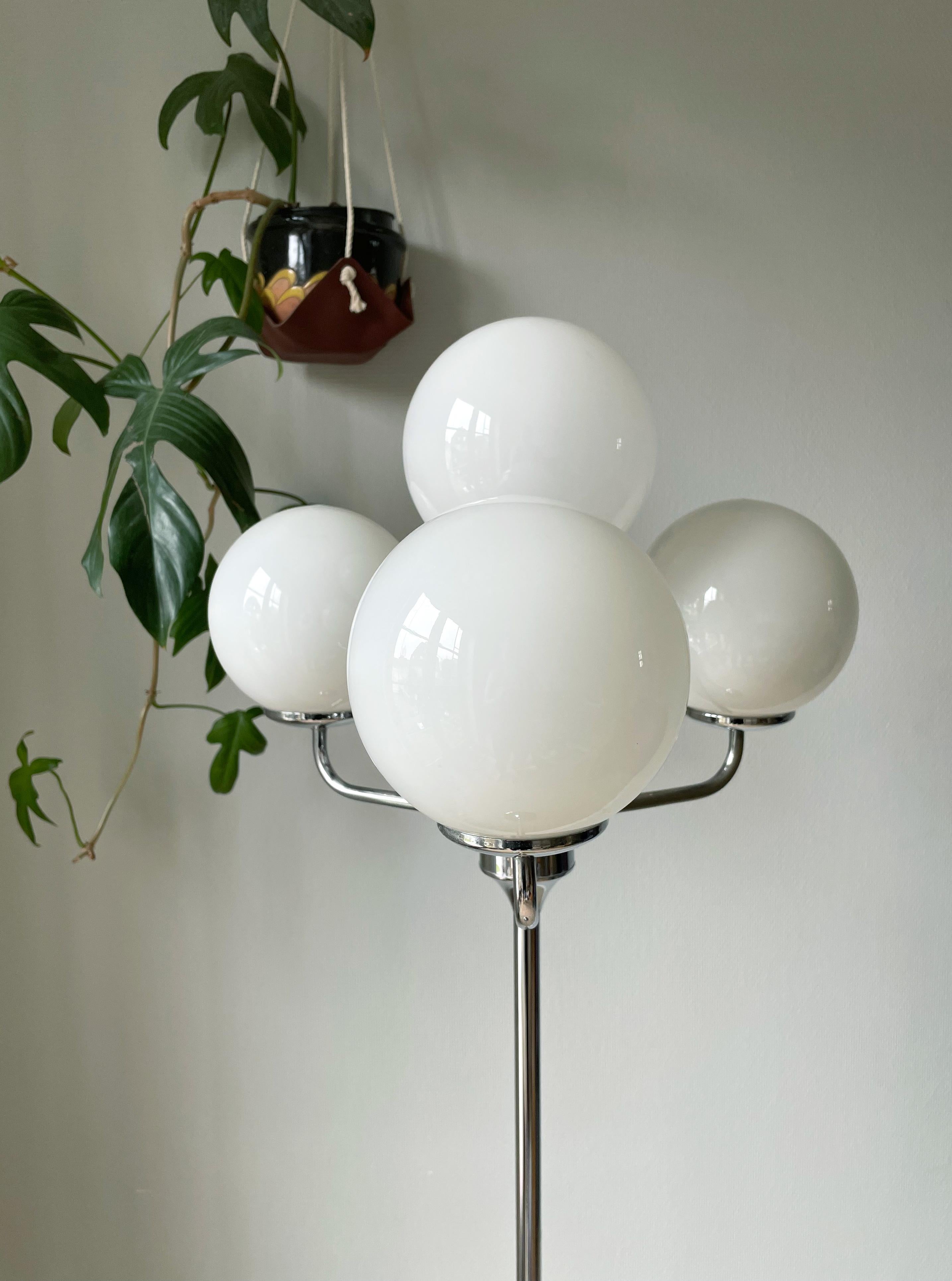 Mid-Century Modern Four Opaline White Glass Globe Metal Floor Lamp, 1970s For Sale