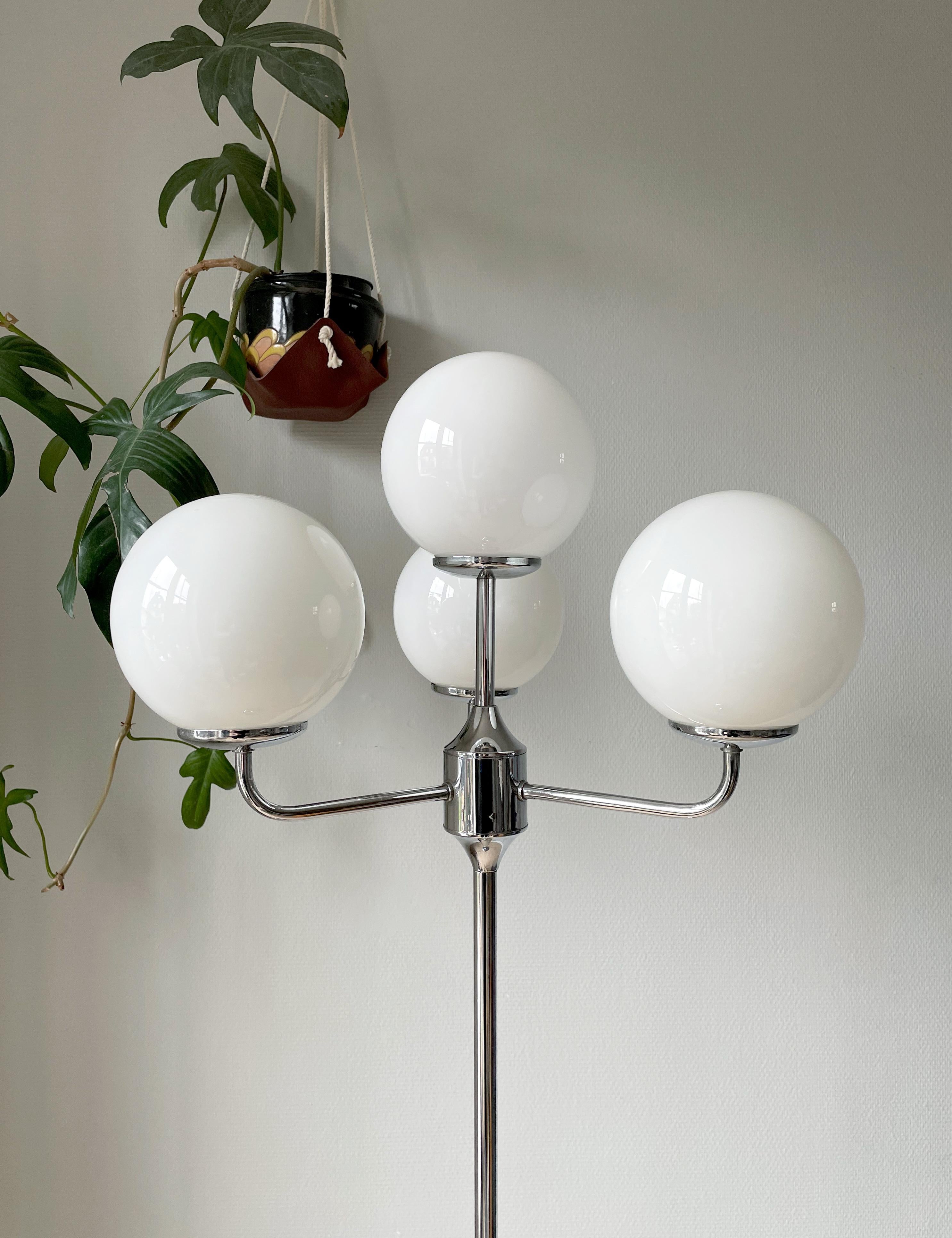 European Four Opaline White Glass Globe Metal Floor Lamp, 1970s For Sale