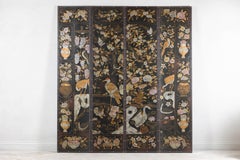 Vintage Four-Panel Black and Gold Folding Screen with Birds and Floral Designs