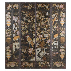 Vintage Four-Panel Black and Gold Folding Screen with Birds and Floral Designs