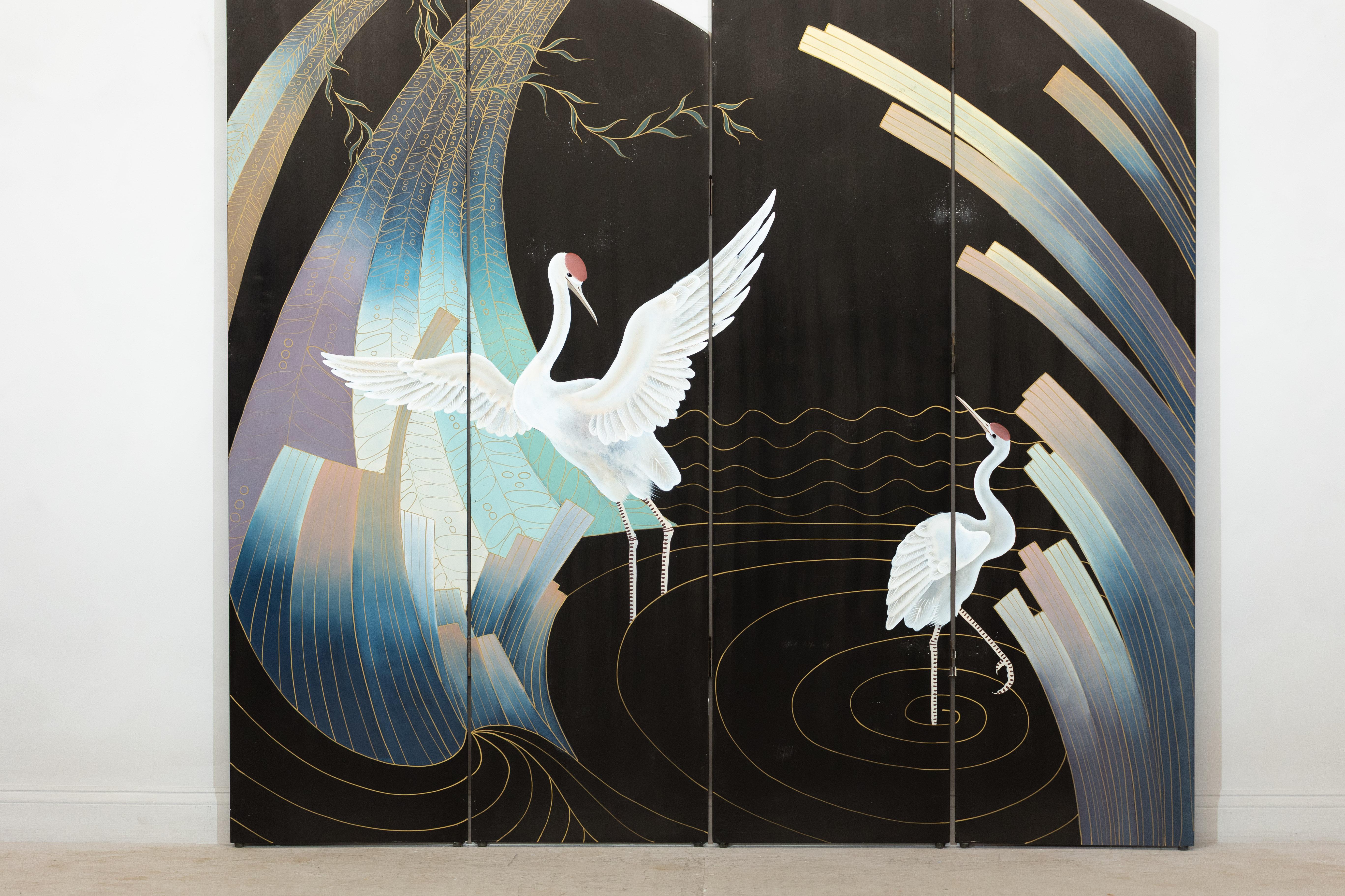 Vintage Four-Panel Black Lacquer Folding Screen with Hand-Painted Crane Motif For Sale 8