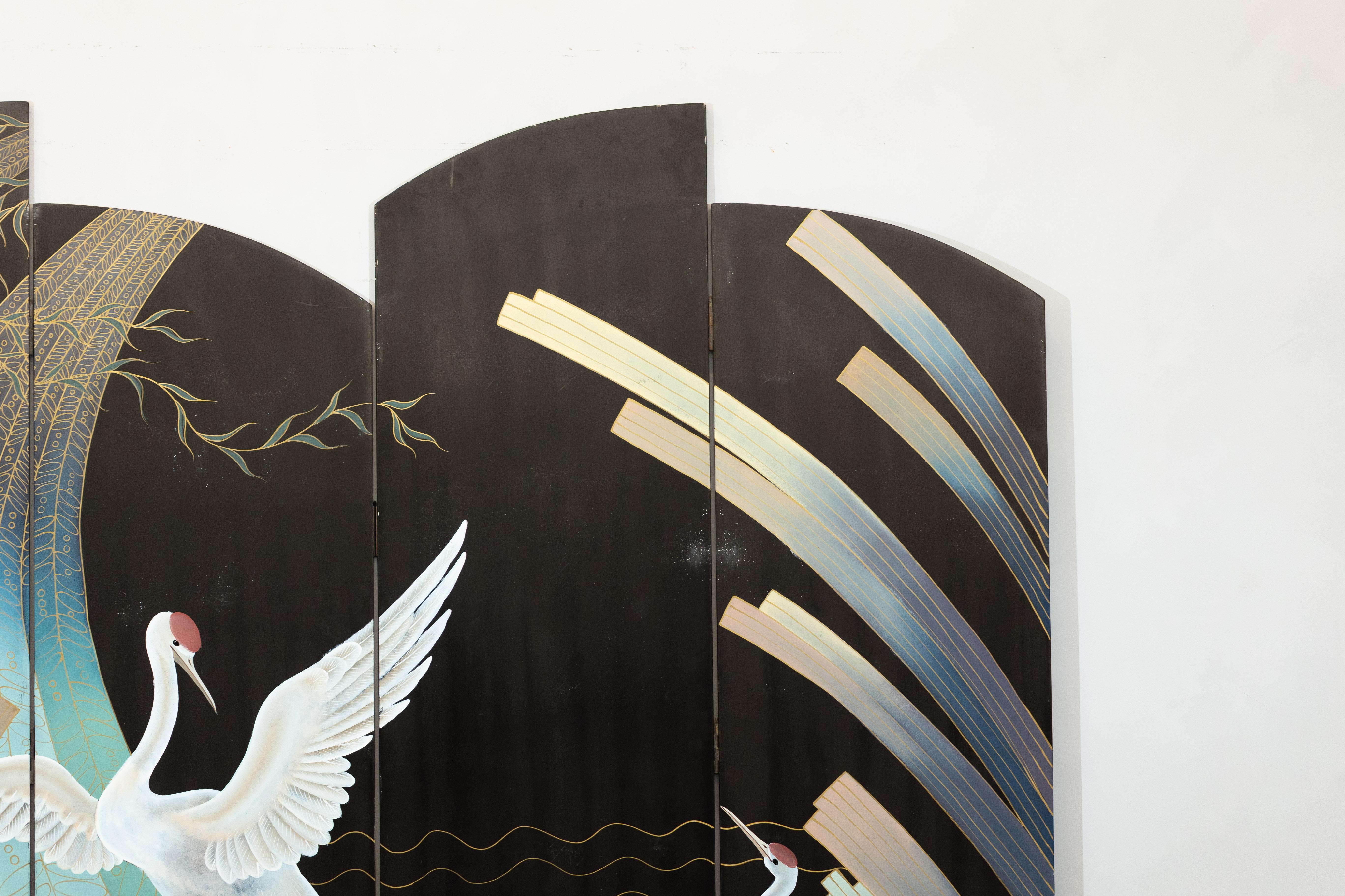 Vintage Four-Panel Black Lacquer Folding Screen with Hand-Painted Crane Motif For Sale 9