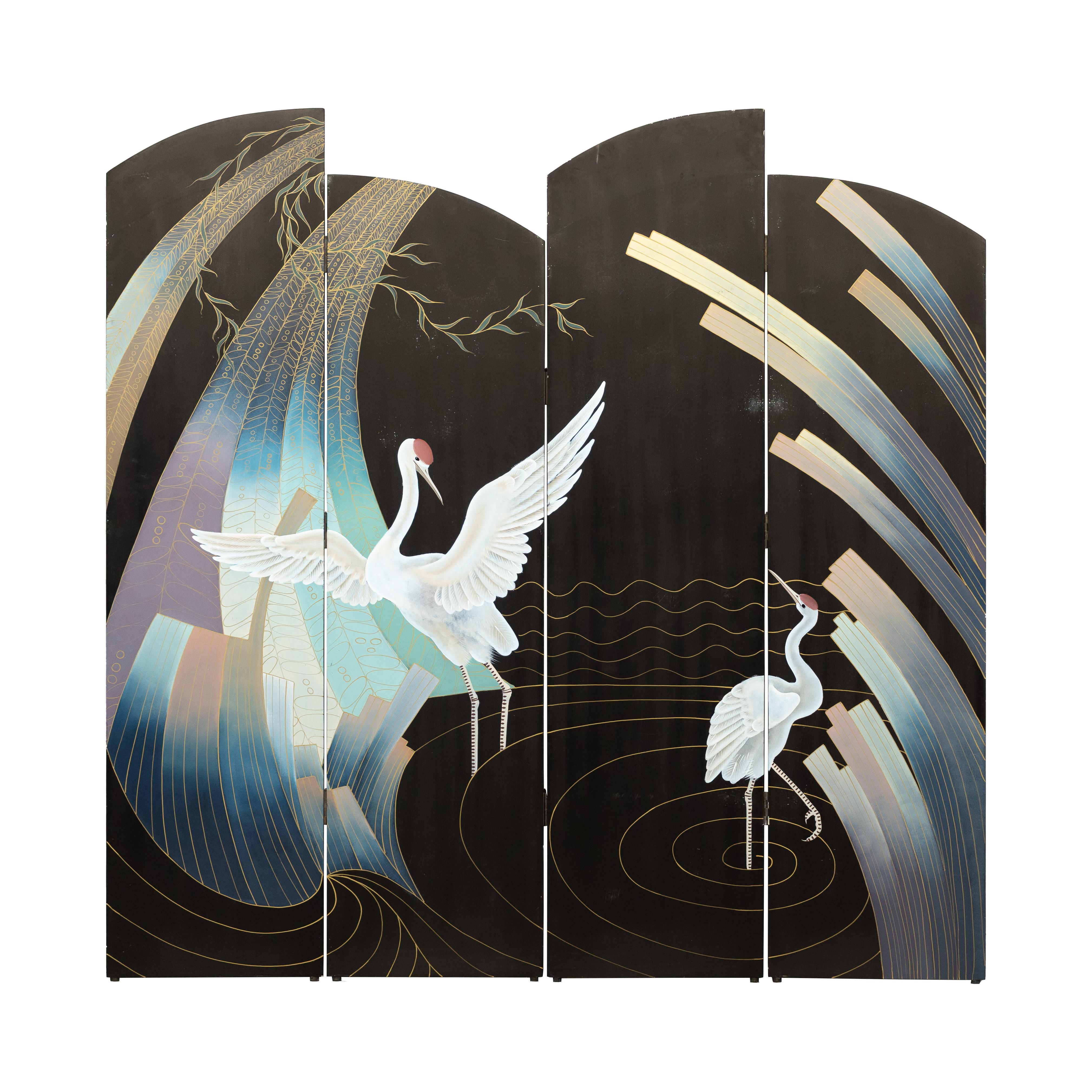 Vintage Four-Panel Black Lacquer Folding Screen with Hand-Painted Crane Motif For Sale 12