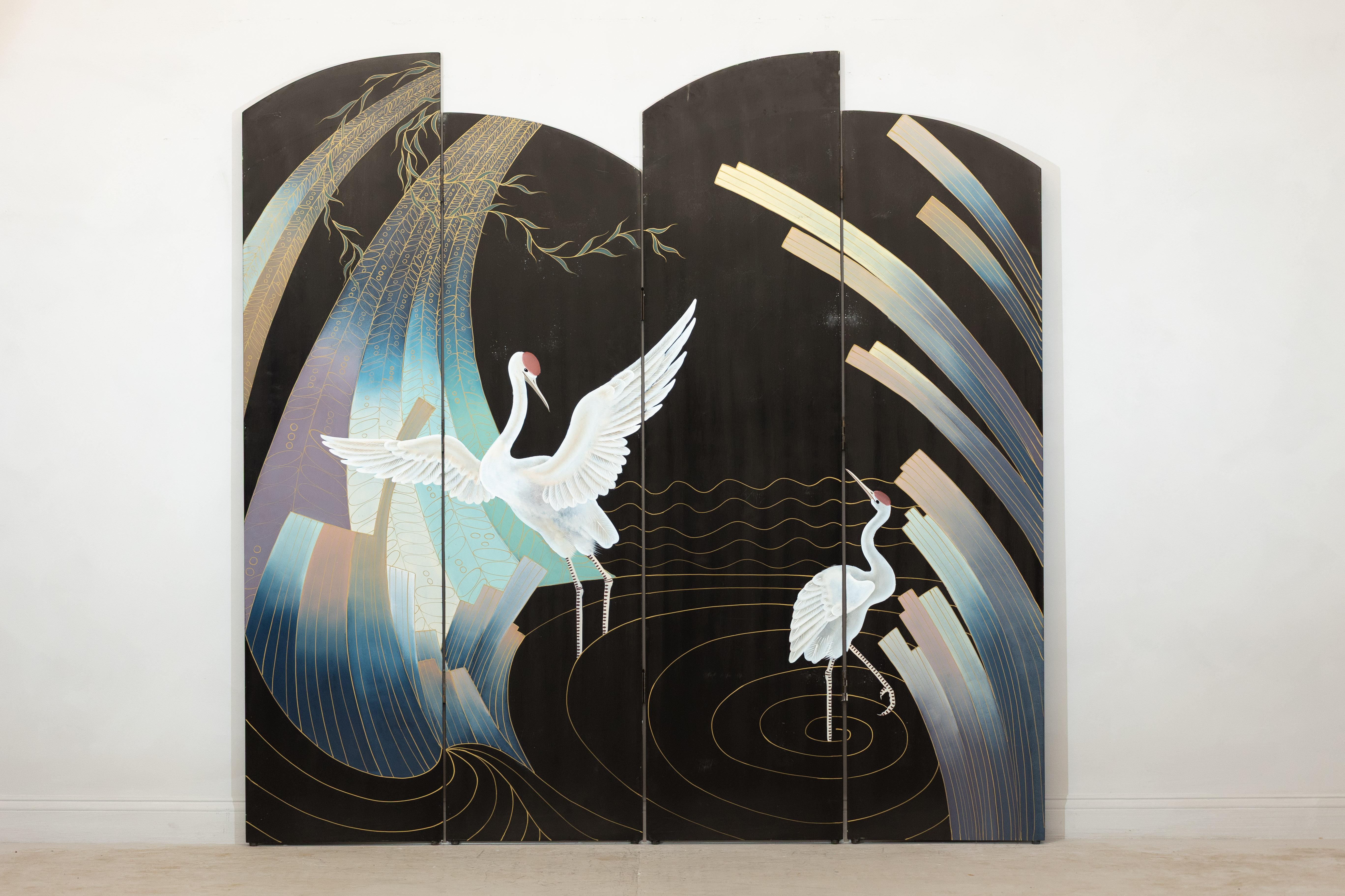 This striking four-panel folding screen, crafted in mid-20th-century China, marries graphic modernity with timeless decorative motifs. Each panel’s upper edge undulates to create a sculptural, multi-level silhouette, while the deep black lacquer