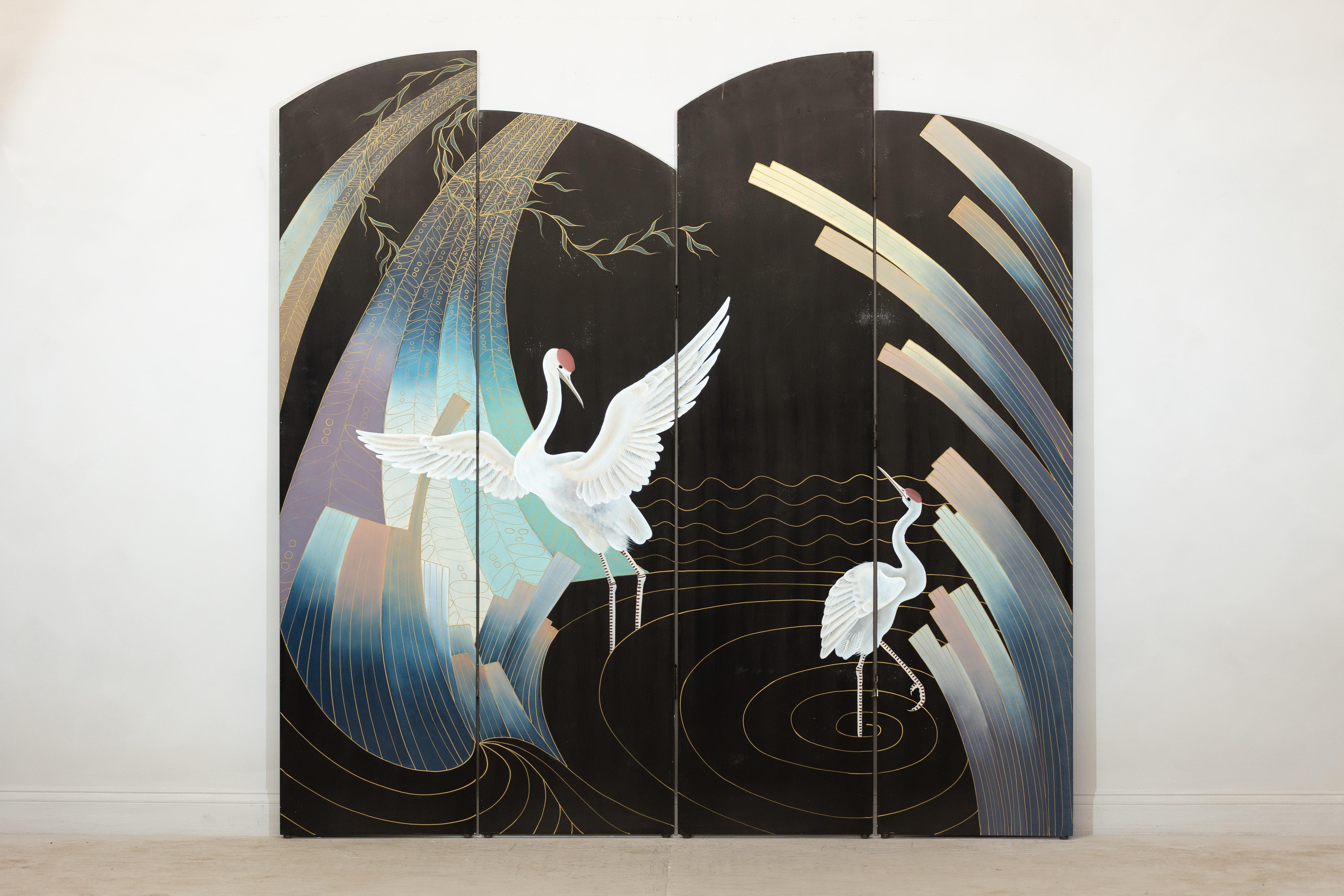 Chinese Vintage Four-Panel Black Lacquer Folding Screen with Hand-Painted Crane Motif For Sale