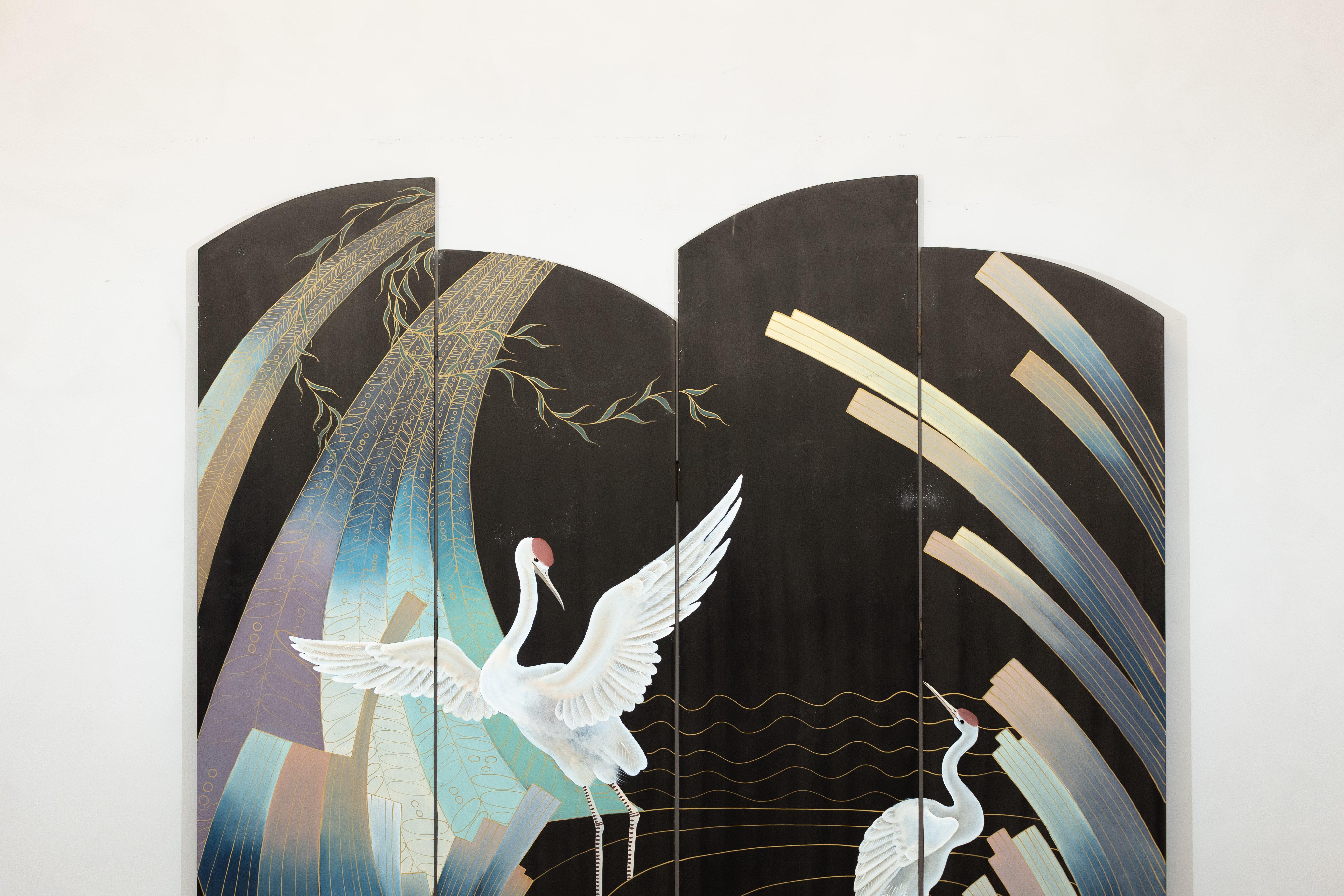 Lacquered Vintage Four-Panel Black Lacquer Folding Screen with Hand-Painted Crane Motif For Sale