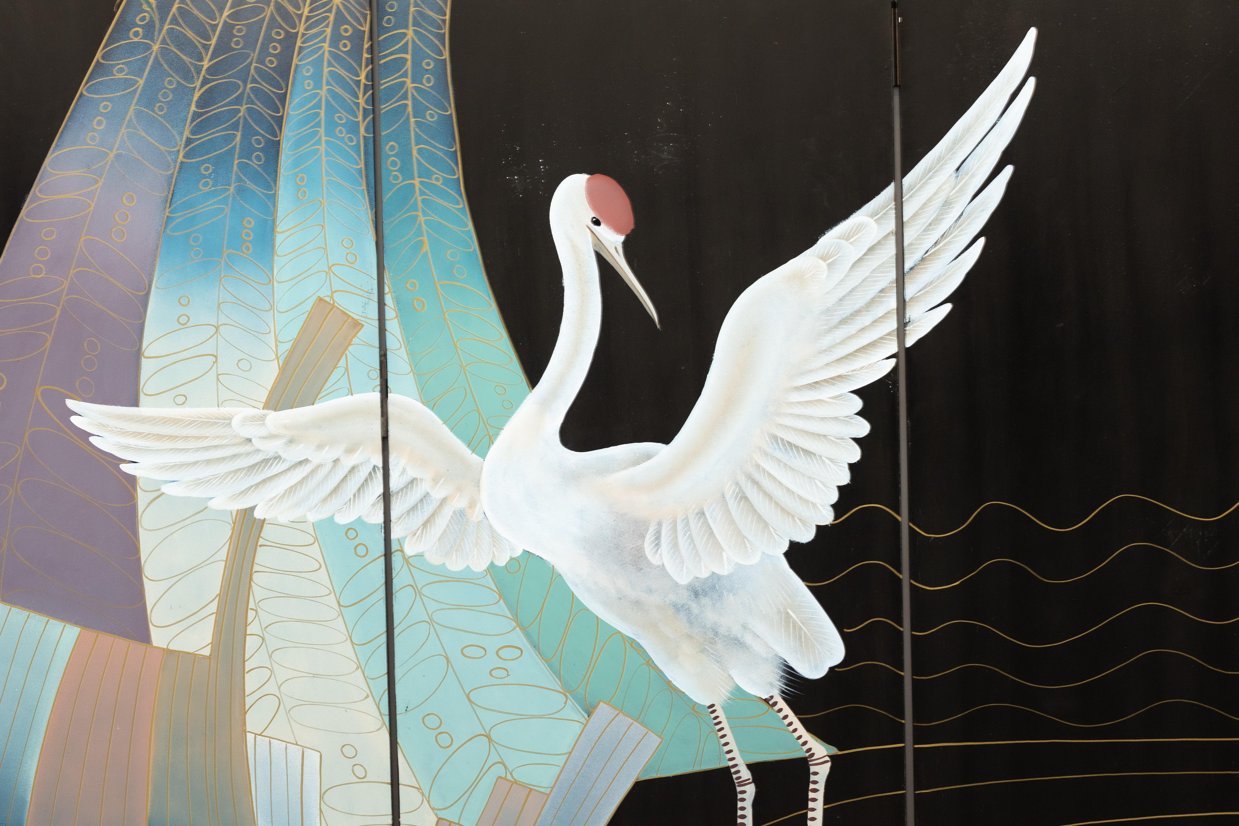 Vintage Four-Panel Black Lacquer Folding Screen with Hand-Painted Crane Motif For Sale 2