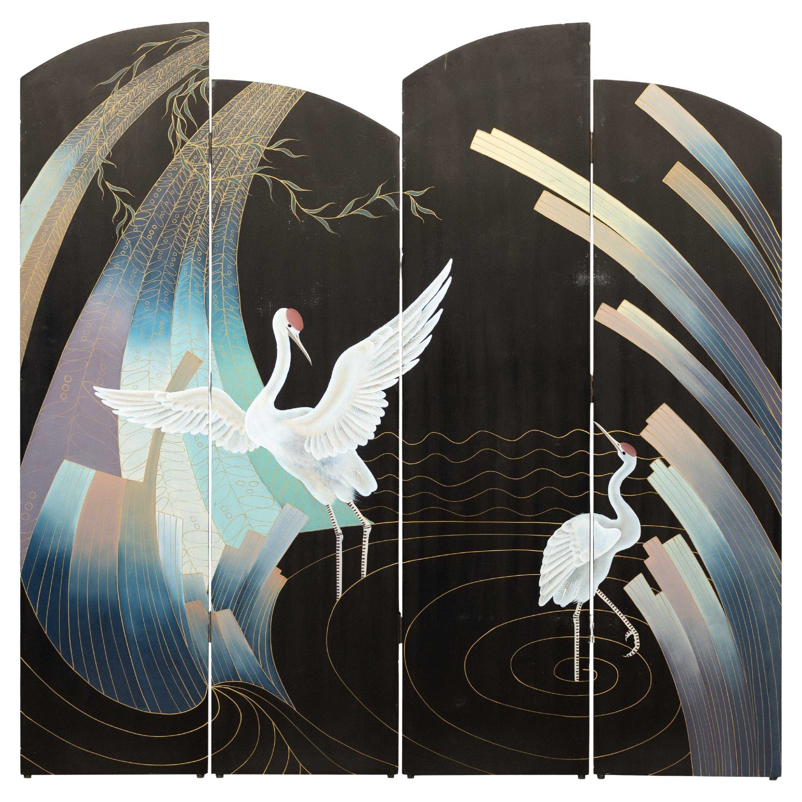 Vintage Four-Panel Black Lacquer Folding Screen with Hand-Painted Crane Motif