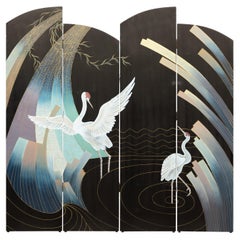 Vintage Four-Panel Black Lacquer Folding Screen with Hand-Painted Crane Motif