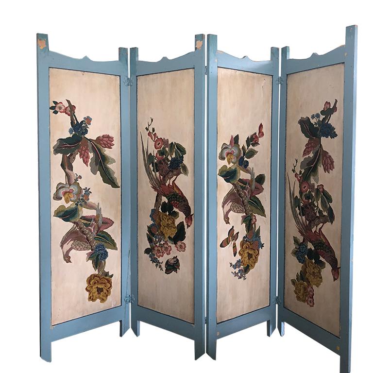 American Vintage Four Panel Blue Divider Screen with Chinoiserie Birds and Flowers