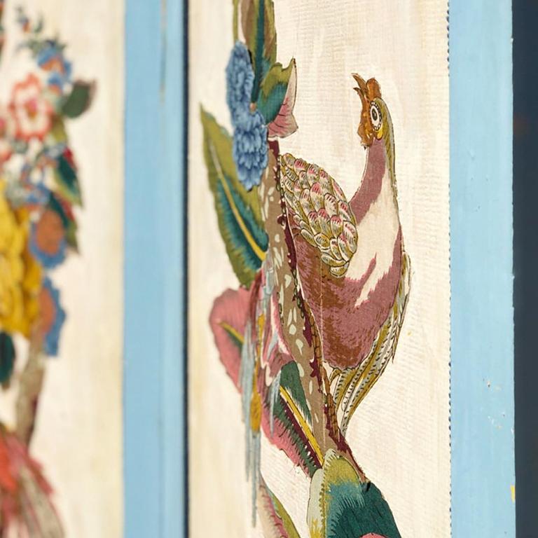 Early 20th Century Vintage Four Panel Blue Divider Screen with Chinoiserie Birds and Flowers