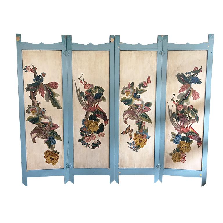 Vintage Four Panel Blue Divider Screen with Chinoiserie Birds and Flowers