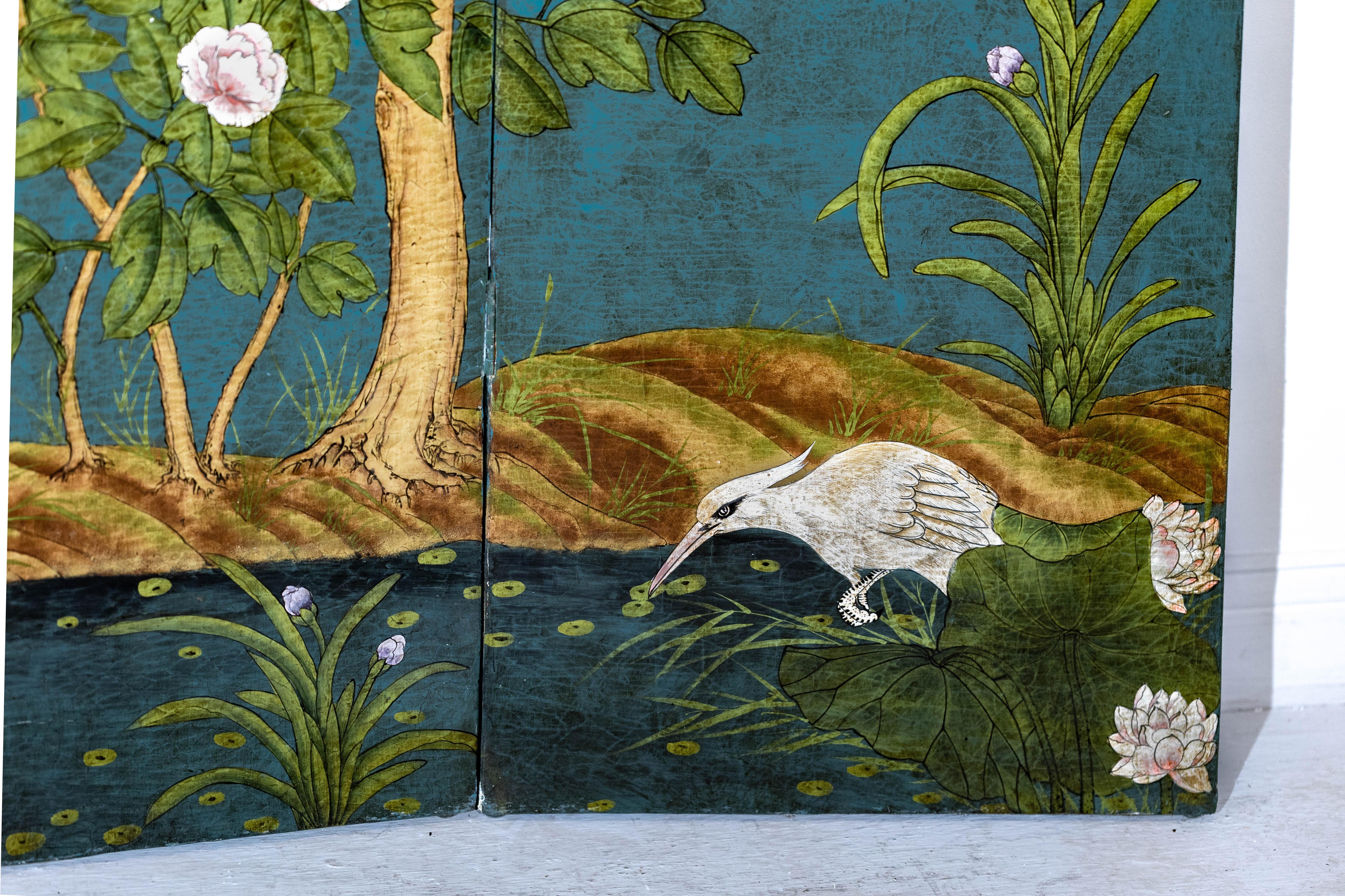Vintage Four-Panel Green Screen with Birds, Flowers, and Lacquered Finish 2