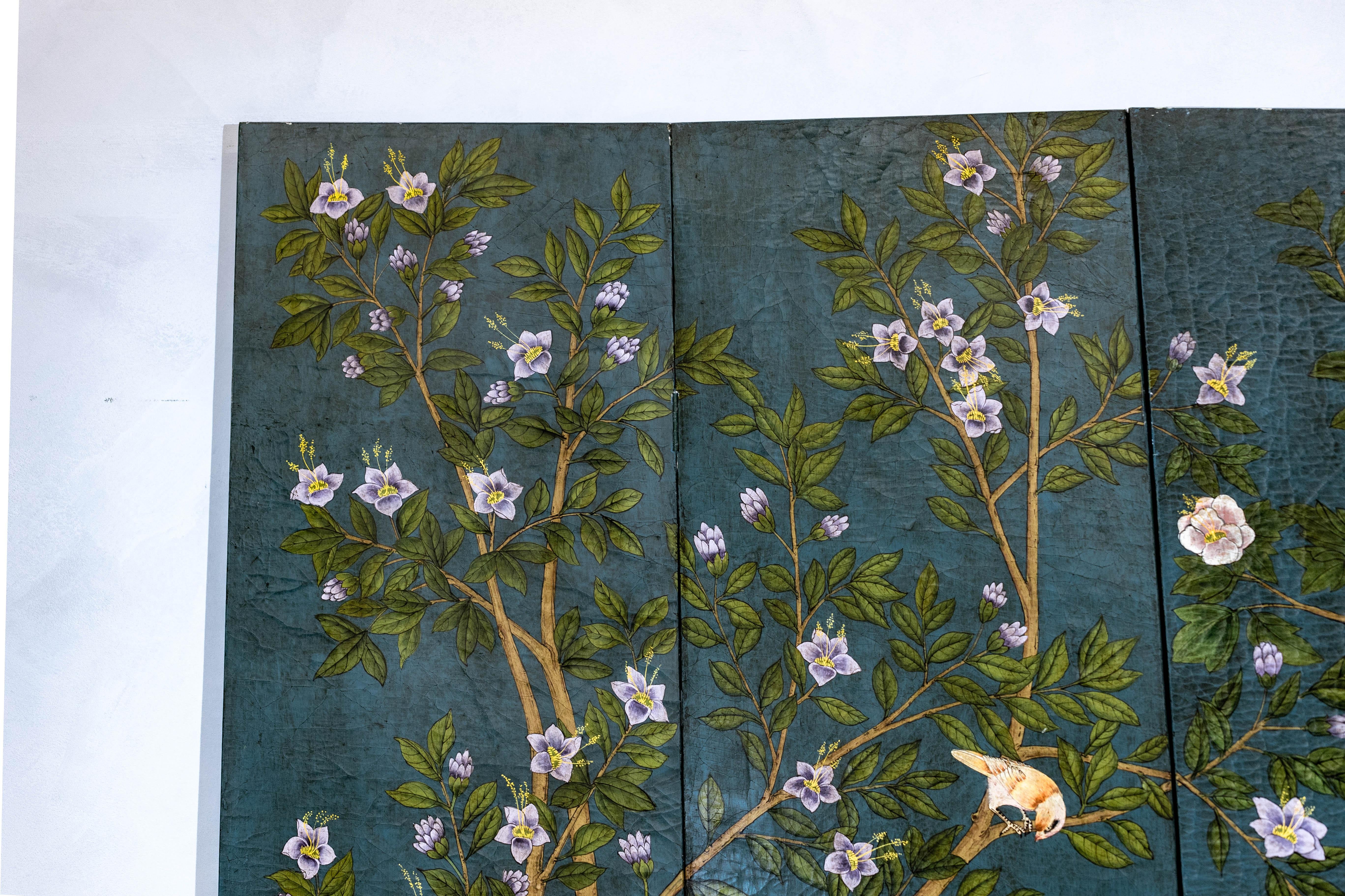 Vintage Four-Panel Green Screen with Birds, Flowers, and Lacquered Finish 3