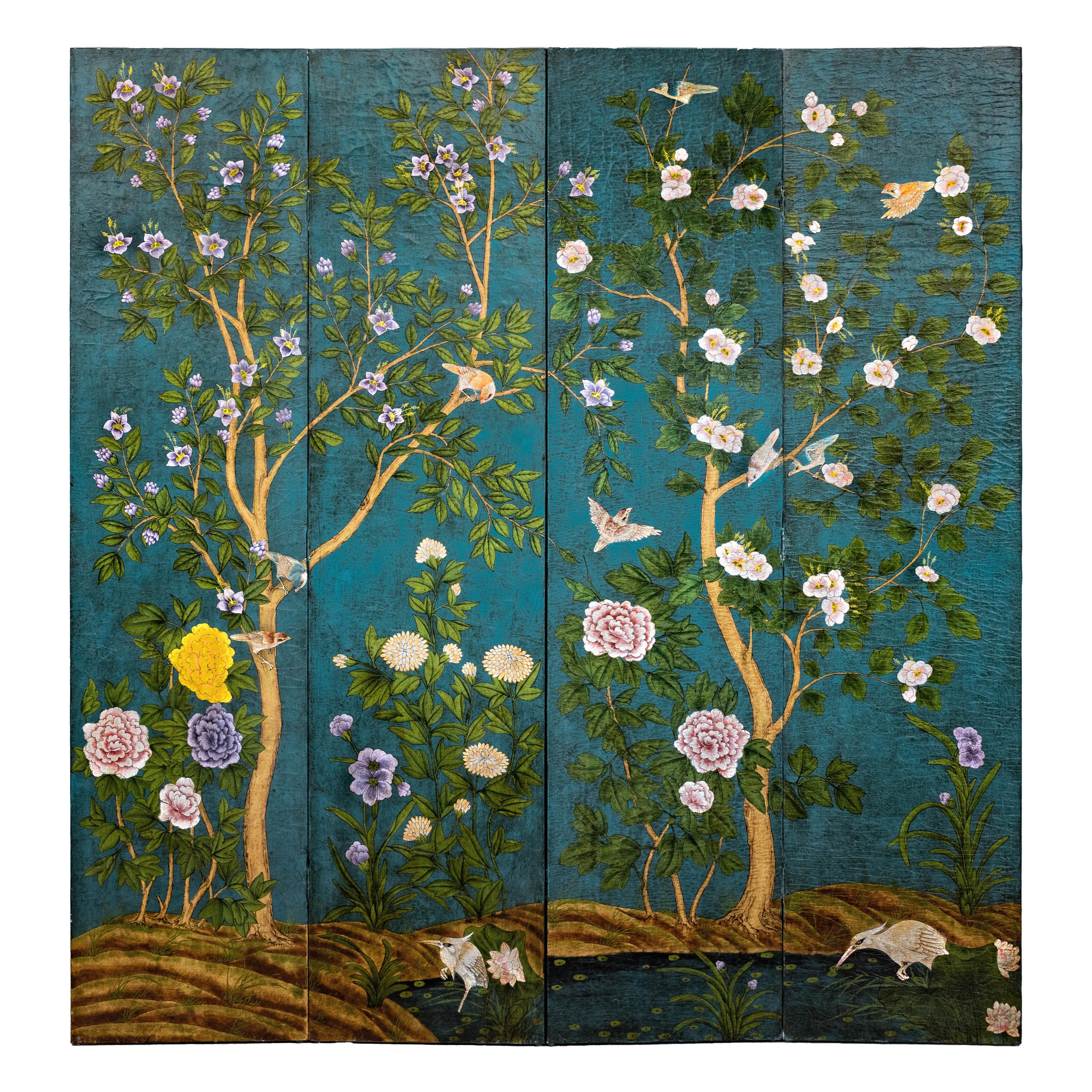 A Midcentury green four-panel screen with hand-painted bird, blooming tree and water motifs. This vintage Chinese four-panel screen features a striking green backdrop adorned with hand-painted scenes of flowering trees, vibrant birds, and serene