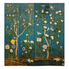 Vintage Four-Panel Green Screen with Birds, Flowers, and Lacquered Finish