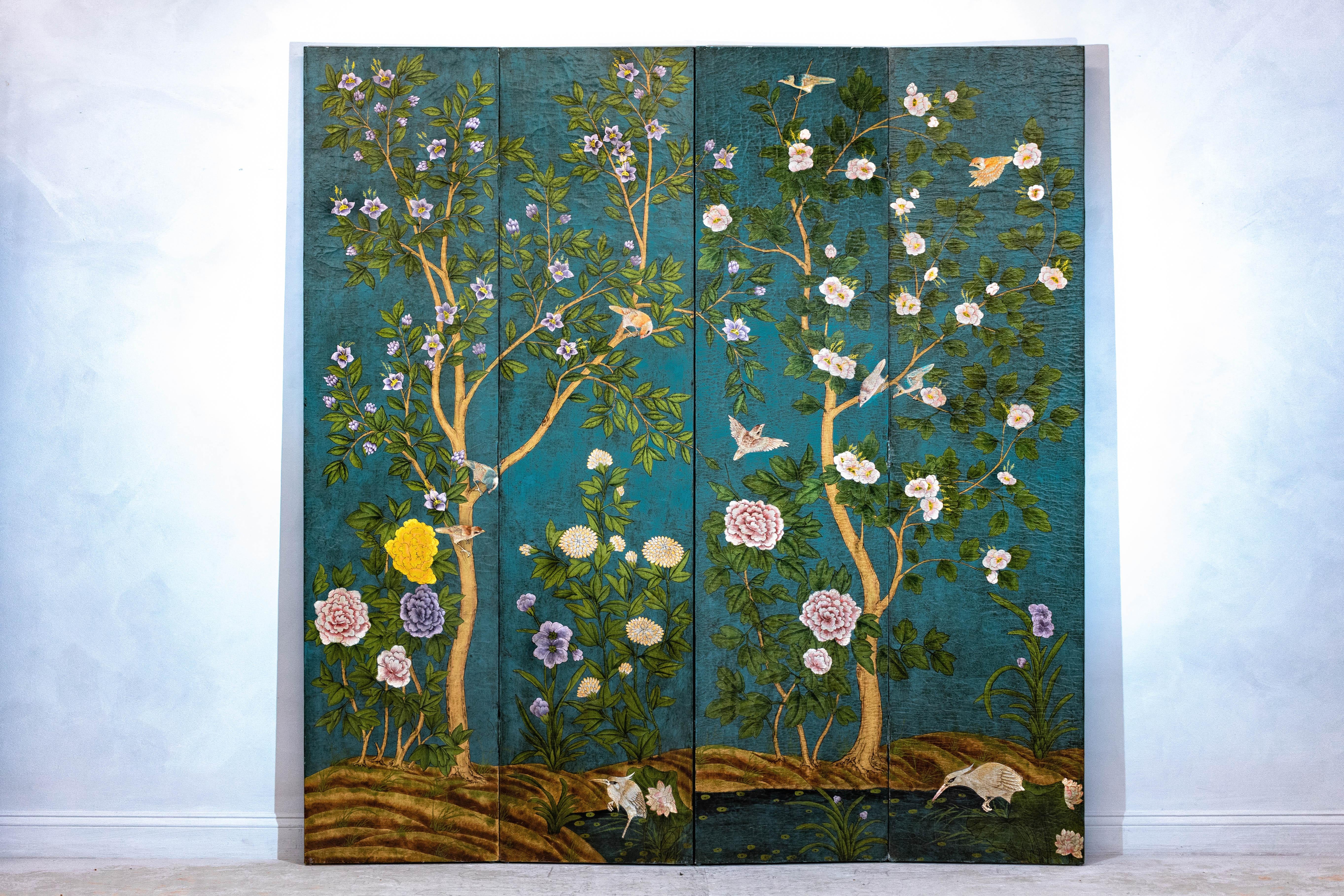 Mid-Century Modern Vintage Four-Panel Green Screen with Birds, Flowers, and Lacquered Finish