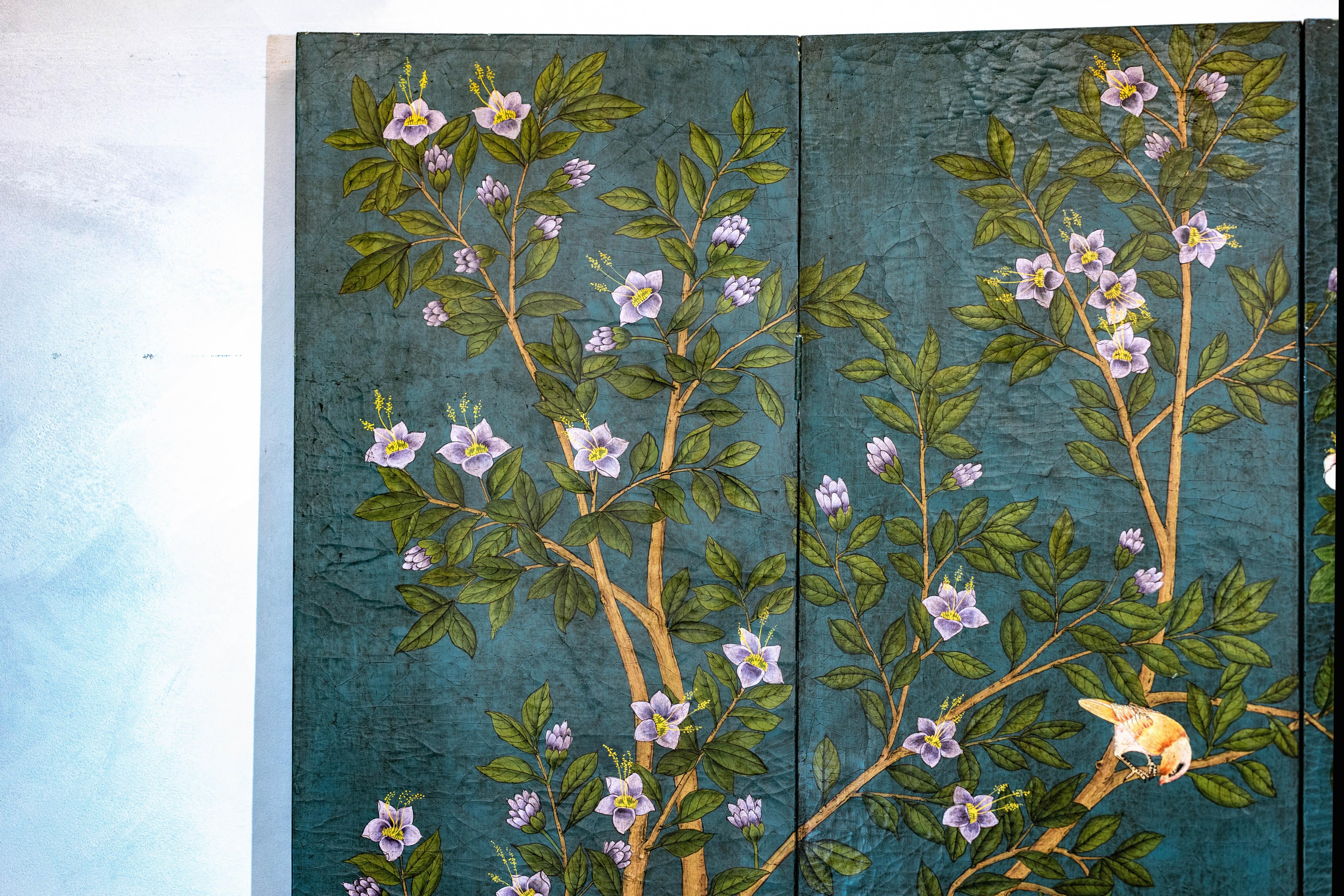 Chinese Vintage Four-Panel Green Screen with Birds, Flowers, and Lacquered Finish