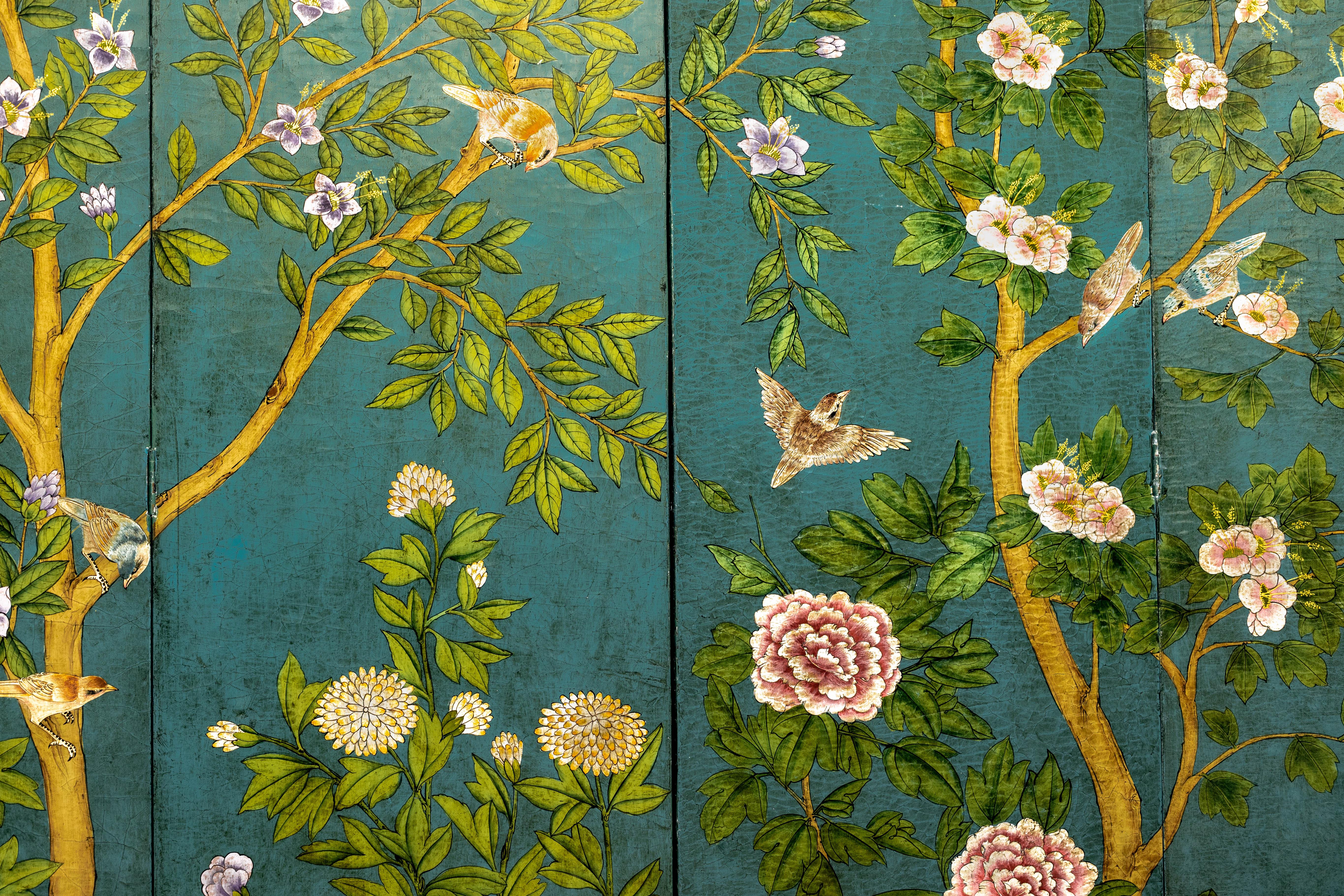 Hand-Painted Vintage Four-Panel Green Screen with Birds, Flowers, and Lacquered Finish