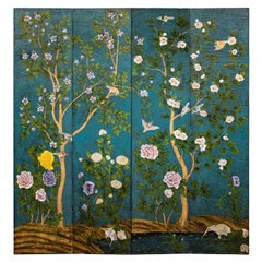 Vintage Four-Panel Green Screen with Birds, Flowers, and Lacquered Finish