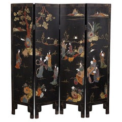 Vintage Four Panel Lacquer and Carved Hardstone Screen