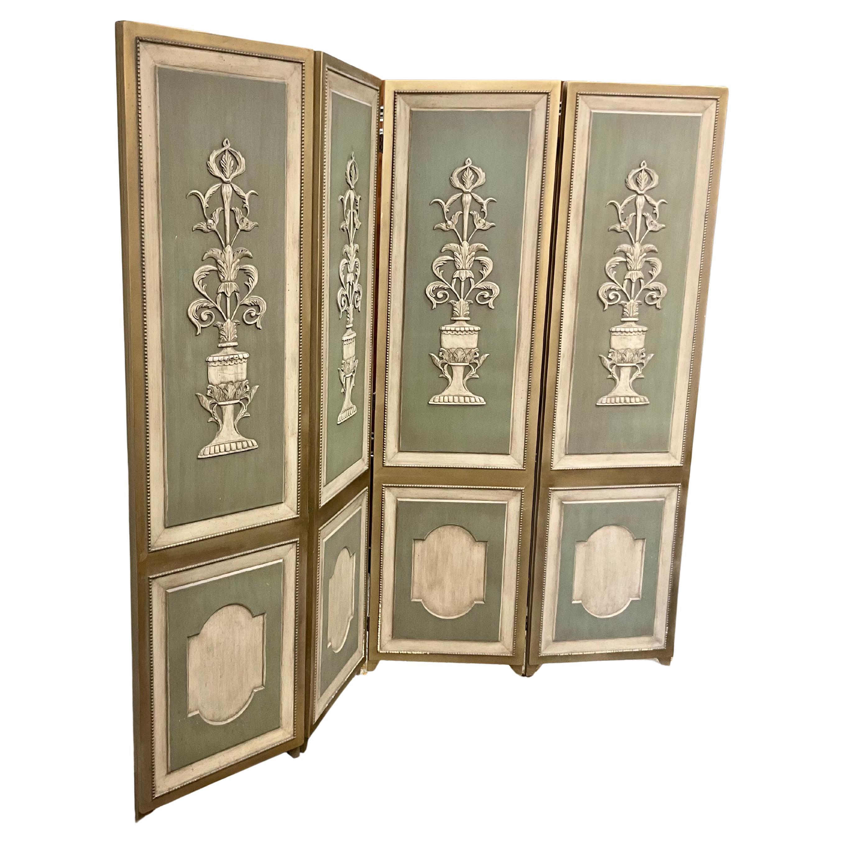Vintage Four-Panel Neoclassical Painted Wood Folding Screen Urn Relief Panels