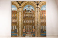Vintage Four-Panel Painted Architectural Screen with Raised Decoration
