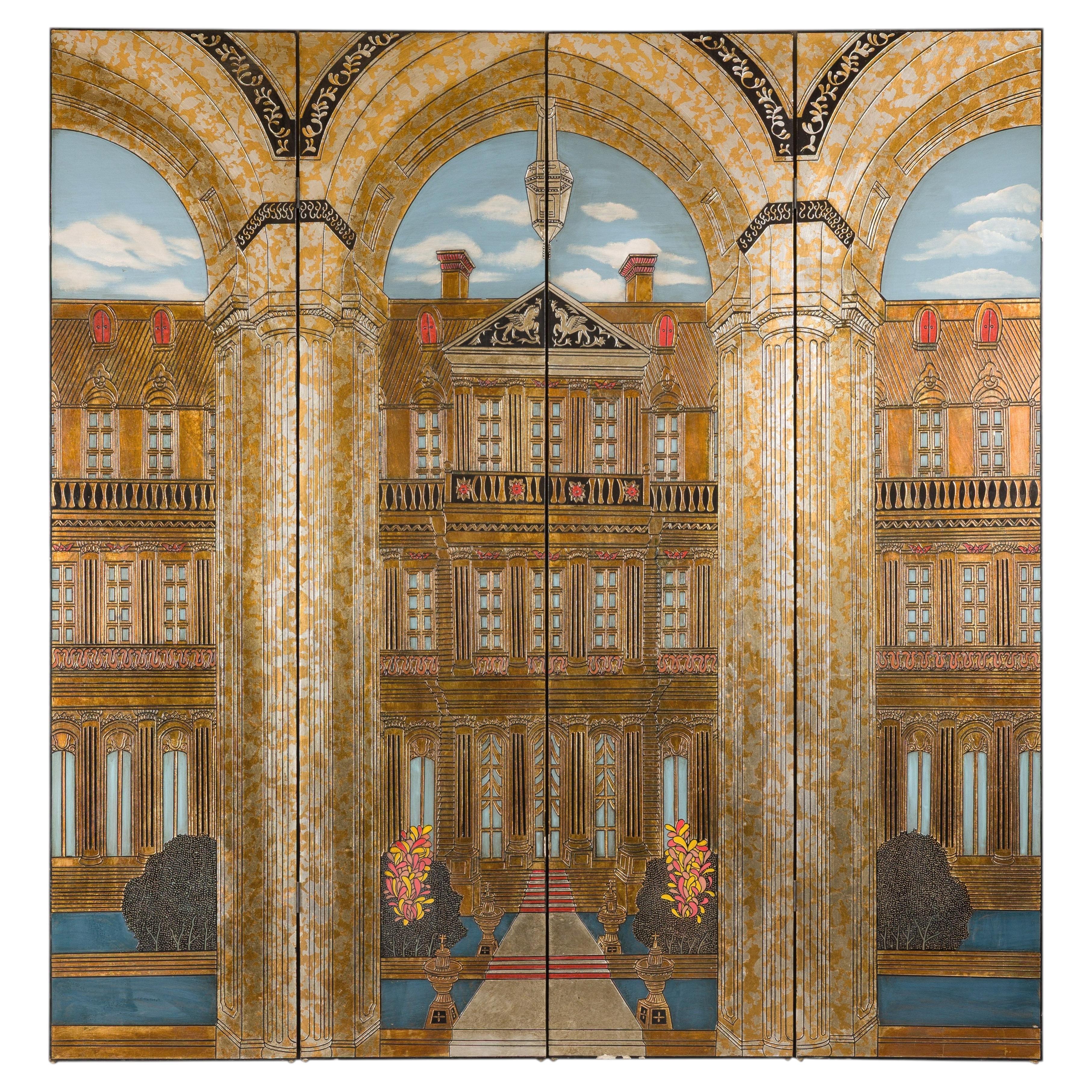 Vintage Four-Panel Painted Architectural Screen with Raised Decoration