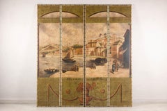 Paravento dipinto a quattro pannelli d'epoca raffigurante il porto di Macao, 1855
