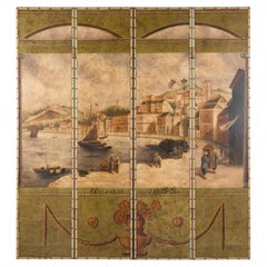 Paravento dipinto a quattro pannelli d'epoca raffigurante il porto di Macao, 1855