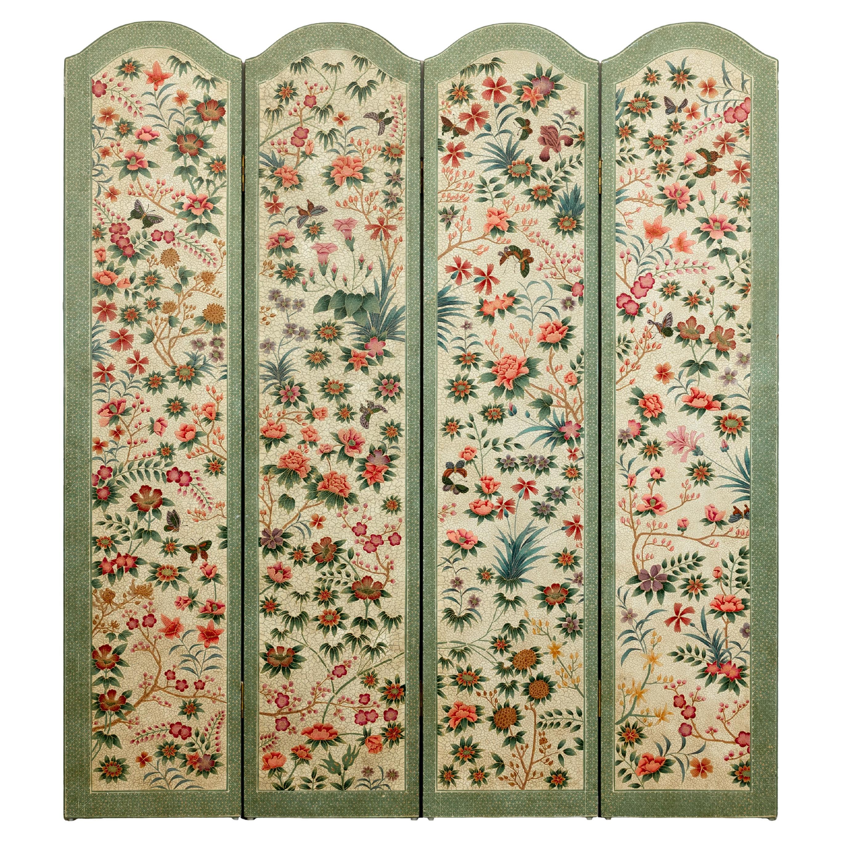 Vintage Four-Panel Polychrome Floral Folding Screen with Scalloped Accents