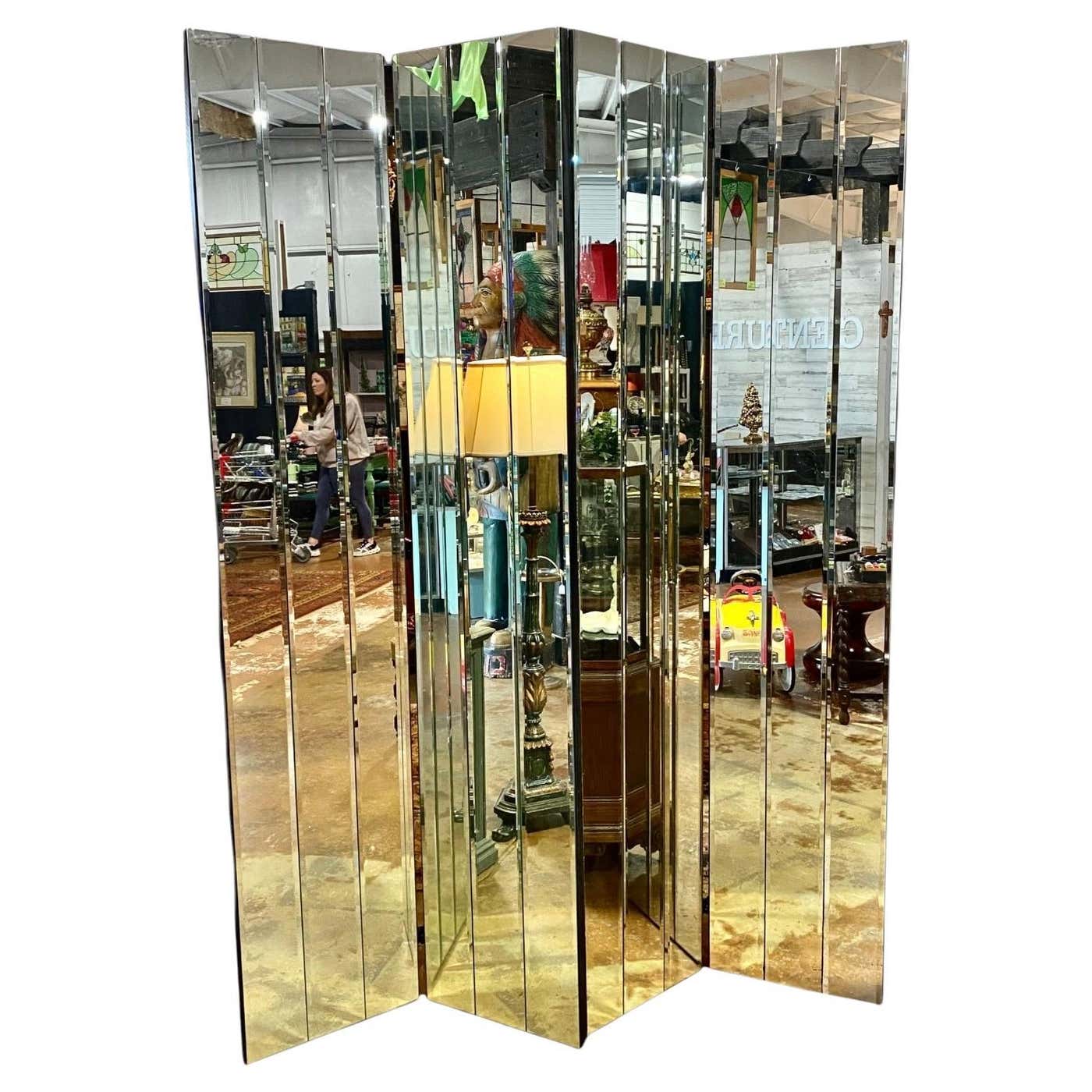 Vintage Four Panel Ribbon Beveled Mirrored Screen at 1stDibs