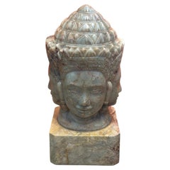 Vintage Four-Sided Carved Soapstone Brahma Head Sculpture on Marble Base