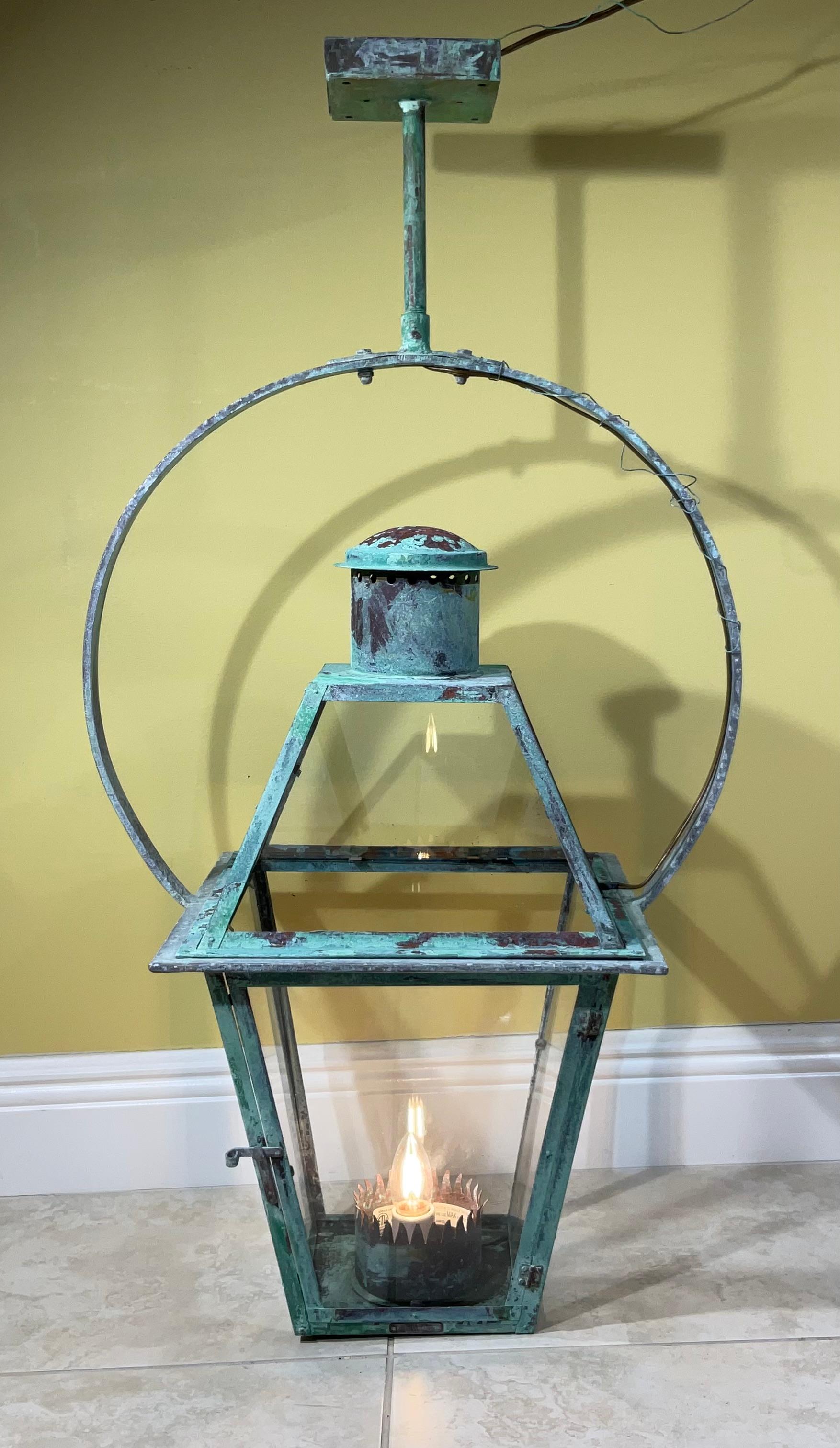 Vintage quality handmade solid copper lantern with one up to 100/watt light.
Electrified and ready to light. Beautiful oxidization patina.
Could be used in wet location and indoor.
Top square canopy box size is 5” x 5” 
Lantern size without ring