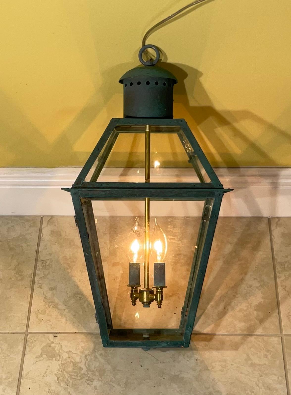 Vintage Quality handmade solid copper lantern with three 60/watt lights.
Electrified and ready to light. Beautiful oxidization patina.
Could be used in wet location and indoor.
Chain and canopy included.
