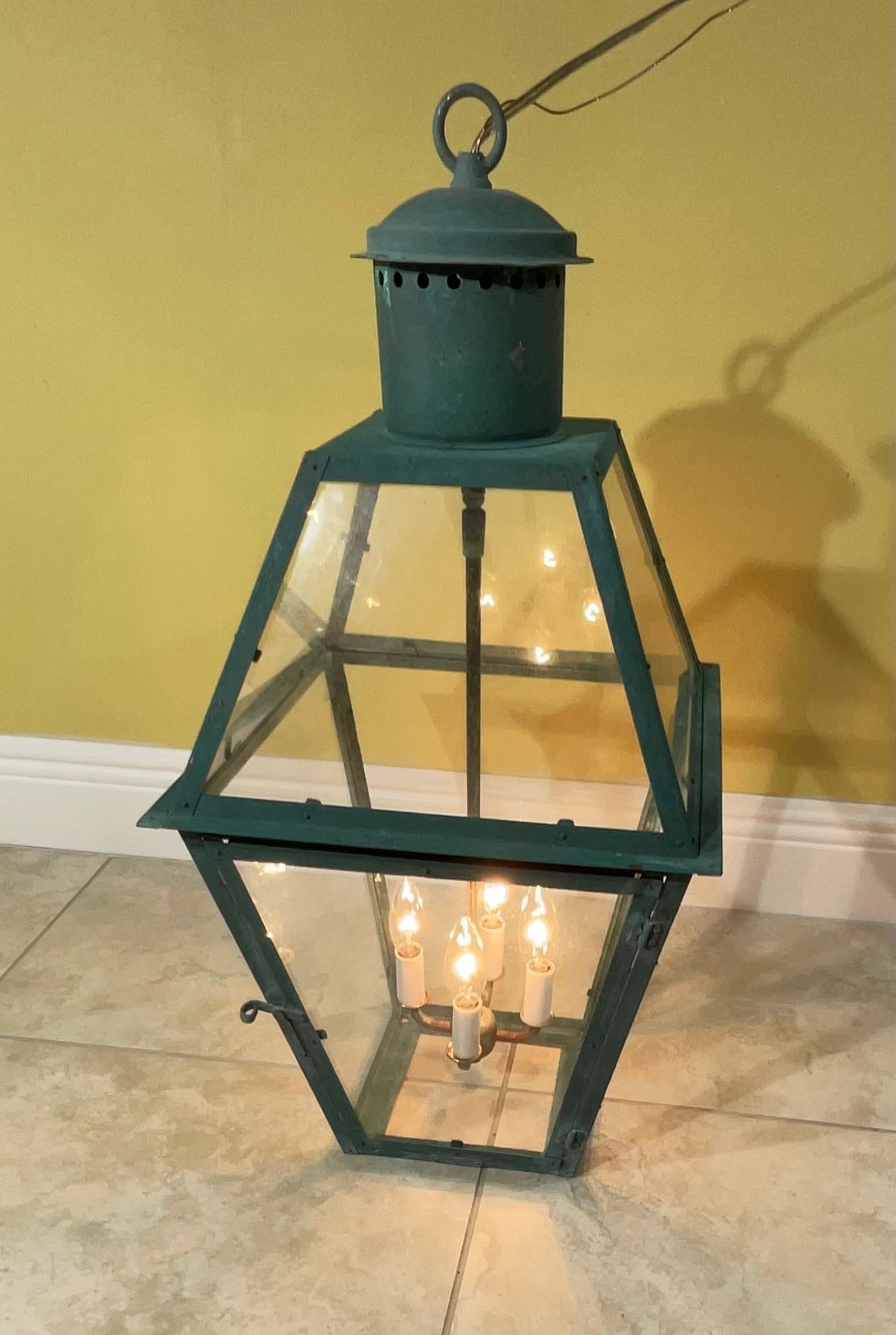 Hand-Crafted Vintage Four-Sides Hanging Copper Lantern For Sale