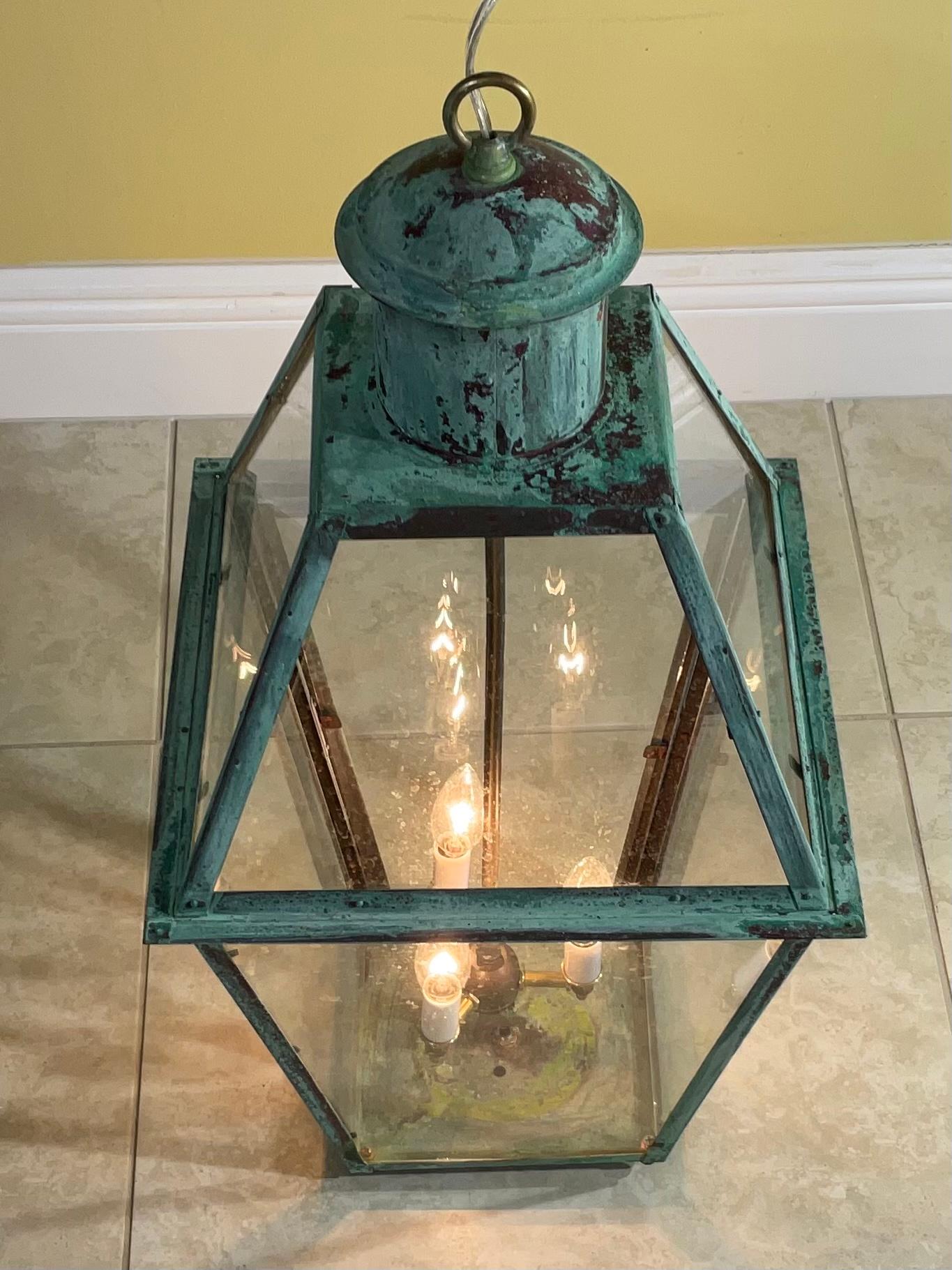 Vintage Four-Sides Hanging Copper Lantern In Good Condition In Delray Beach, FL