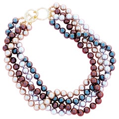 Vintage Four Strand Multi Color Faux Pearl Necklace by Kenneth Jay Lane, 1980s