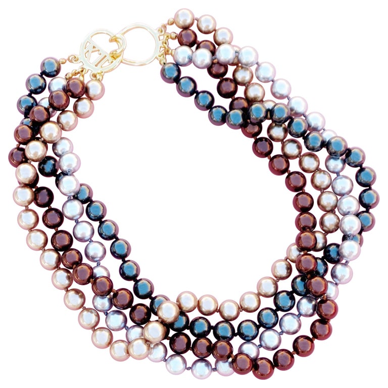 Vintage Four Strand Multi Color Faux Pearl Necklace by Kenneth Jay Lane, 1980s For Sale