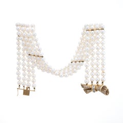 Vintage Four Strand Pearl Choker Necklace Diamond Bow Clasp 14 Karat Gold Fine